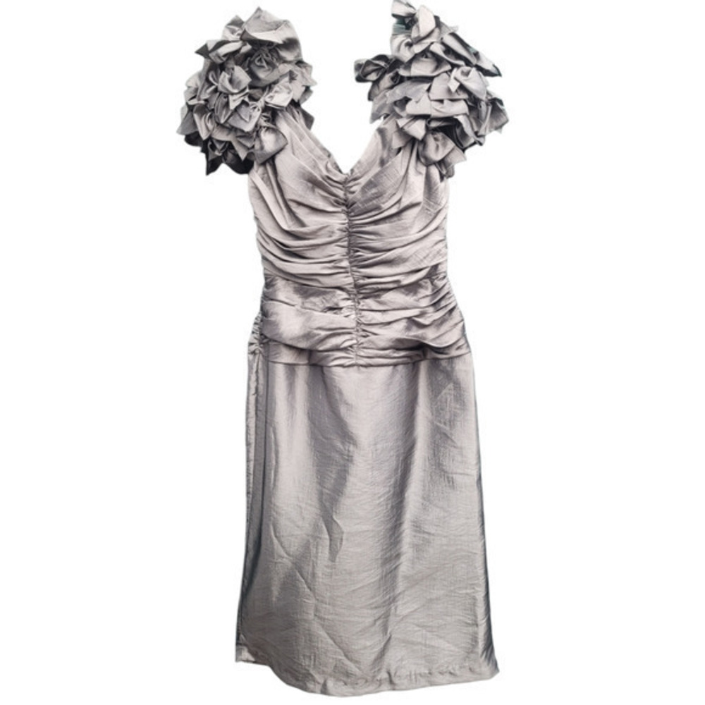 Vintage Night Visionz Iridescent Ruched Bodice‎ Bow Cap Sleeve Prom Midi Dress